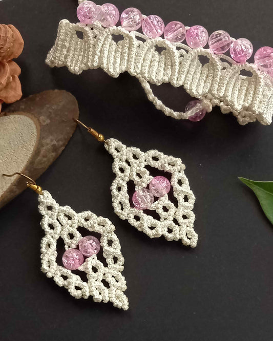 macrame bead earrings and bracelet set in white and pink