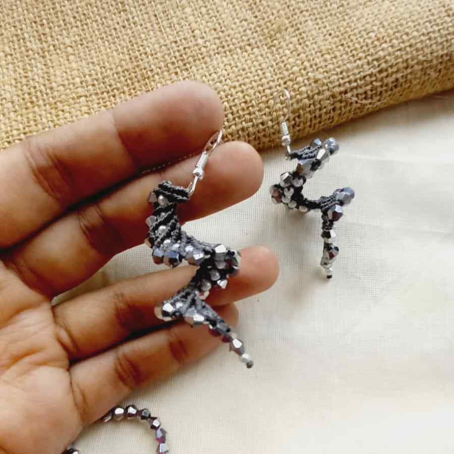 macrame bead earrings in spiral shape with silver beads office wear earrings