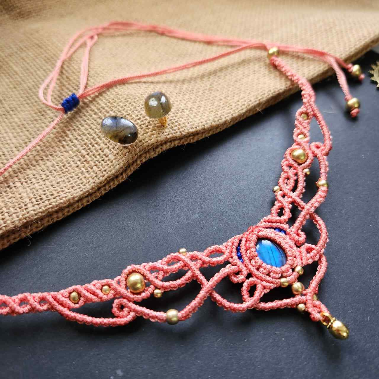 stone necklace small choker necklace macrame necklace labrodorite blue stone stud earrings stone earrings brass bead necklace