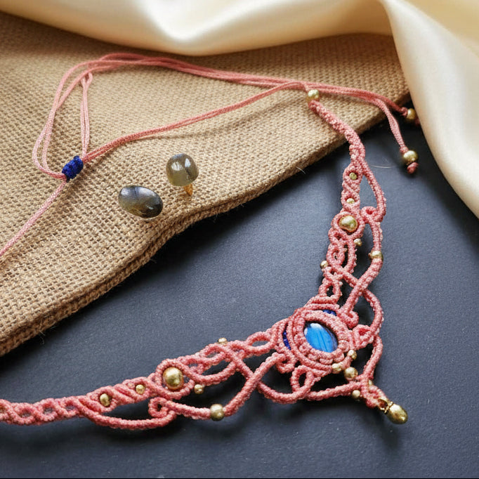 stone necklace small choker necklace macrame necklace labrodorite blue stone stud earrings stone earrings brass bead necklace