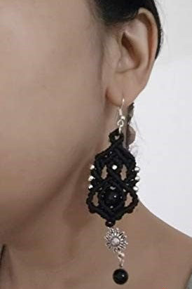 macrame statement dangler earrings with silver charms and beads