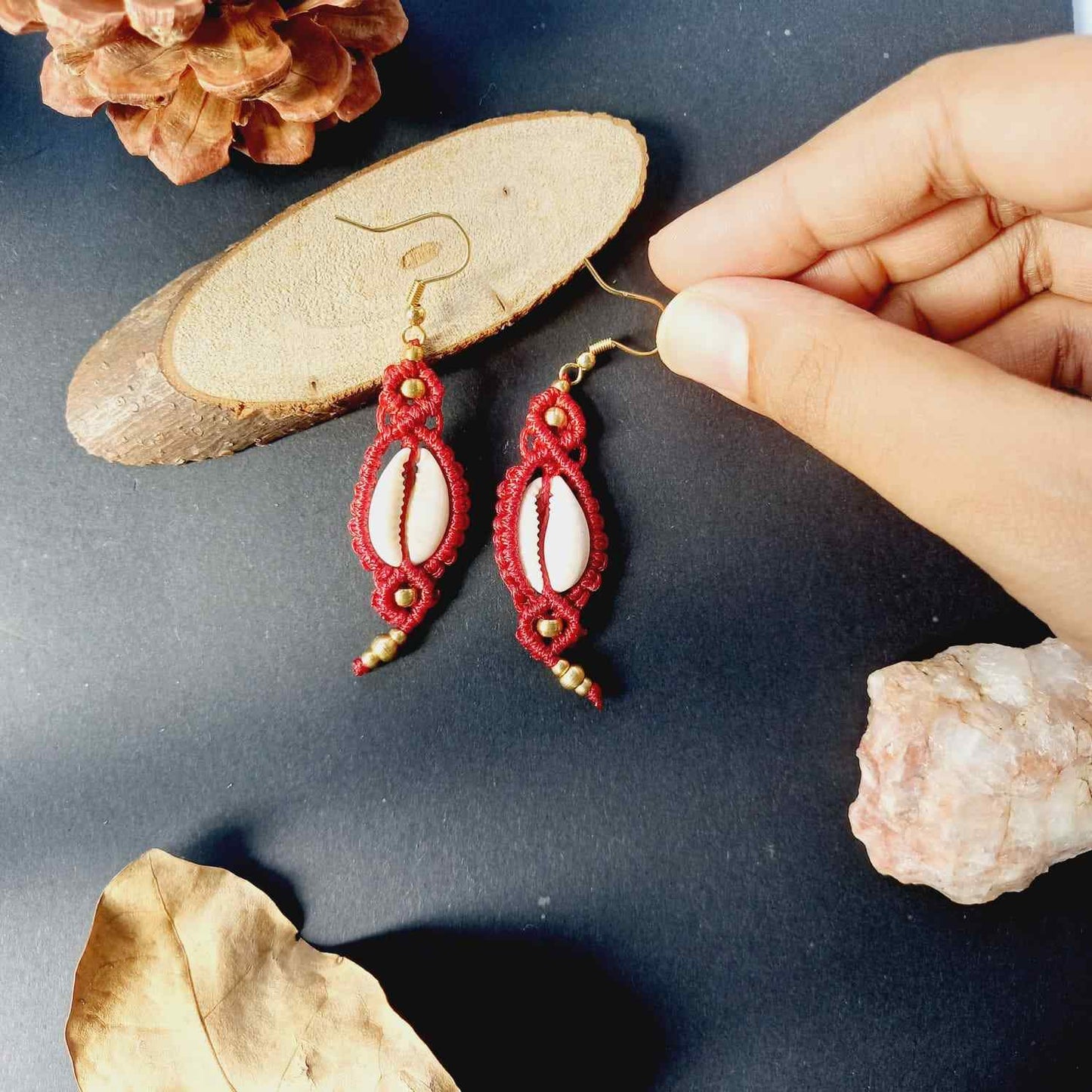 red cowrie earrings bead macrame earrings cowrie macrame bead earrings casual earrings brass bead earrings beach wear earring