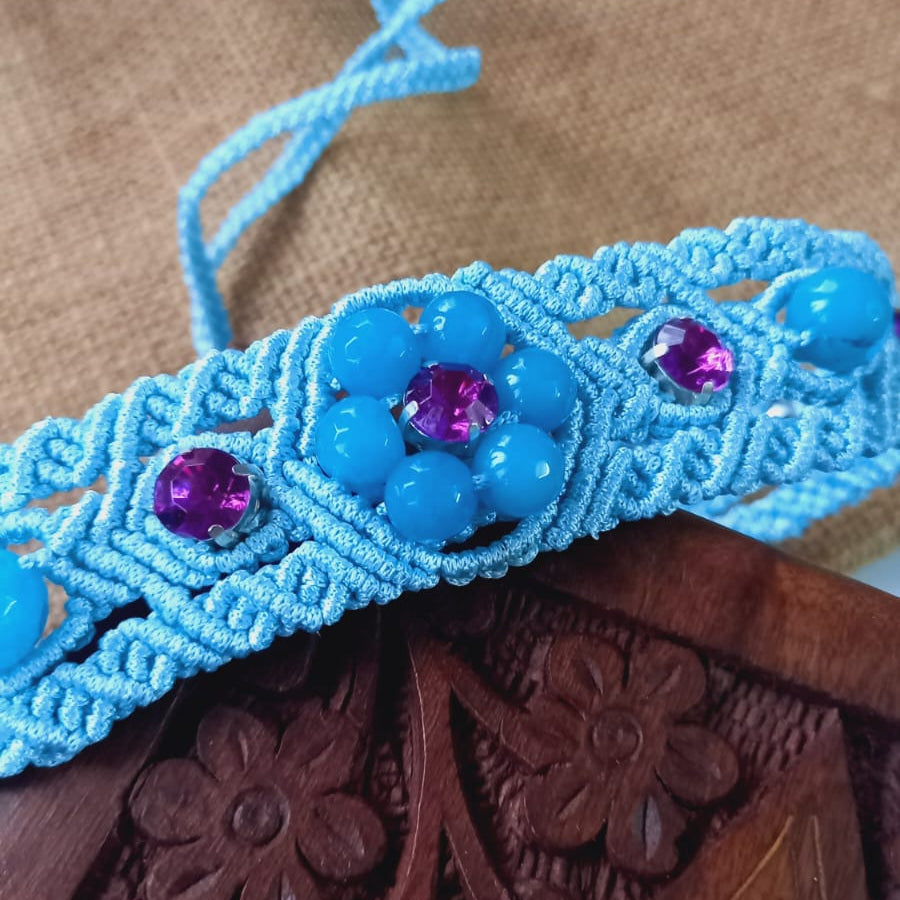 macrame choker in light blue with blue agate beads and purple stones statement choker necklace macrame necklace office wear daily wear choker