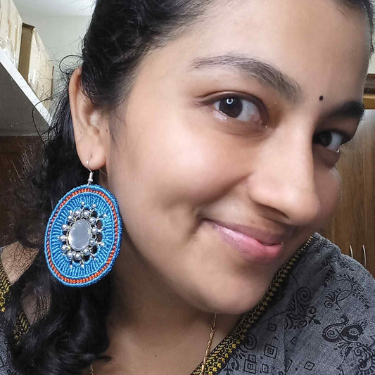 macrame silver mirror earrings in blue and saffron orange