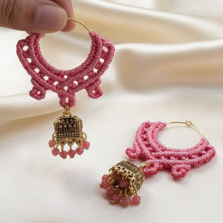 hoop with bead macrame work with jhumki attachment