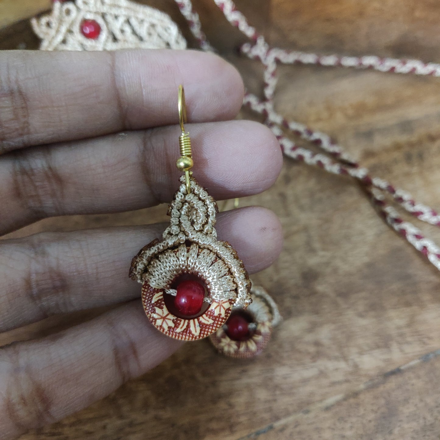 macrame pendant earrings set macrame bead necklace small earrings red necklace earrings set wood necklace floral earrings