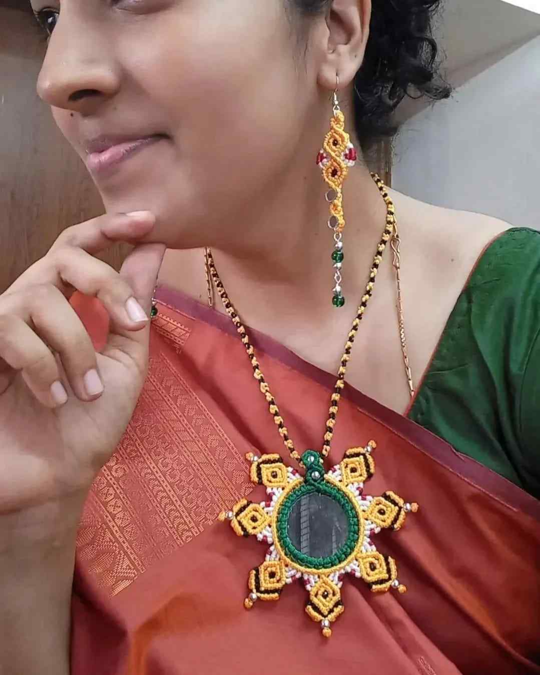 Macrame mirror work mandala necklace and earrings set in yellow and green