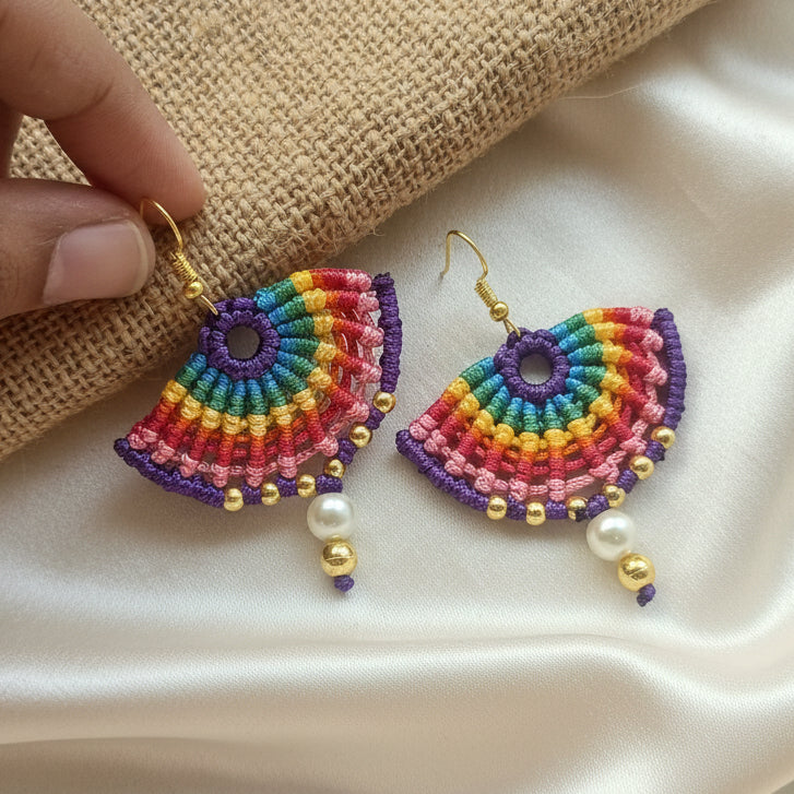 semi-circle macramé bead dangler earrings in different colours