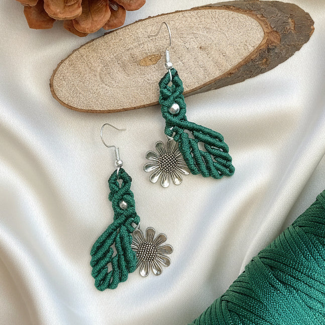 dangler earrings flower earrings leaf earrings macrame earrings green earrings silver earrings oxidised silver