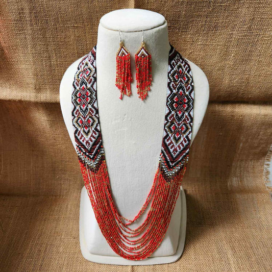 geometric design bead necklace coral red layered necklace dangler party wear occasion wedding mehndi sangeet haldi jewellery