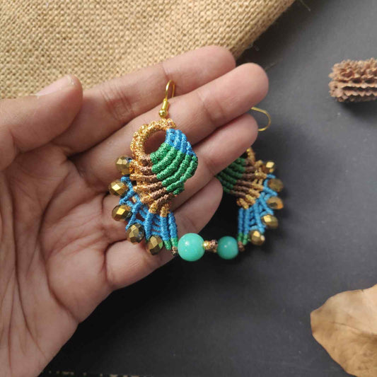 bead earrings macrame earrings thread earrings twisted earrings turquoise green magenta earrings