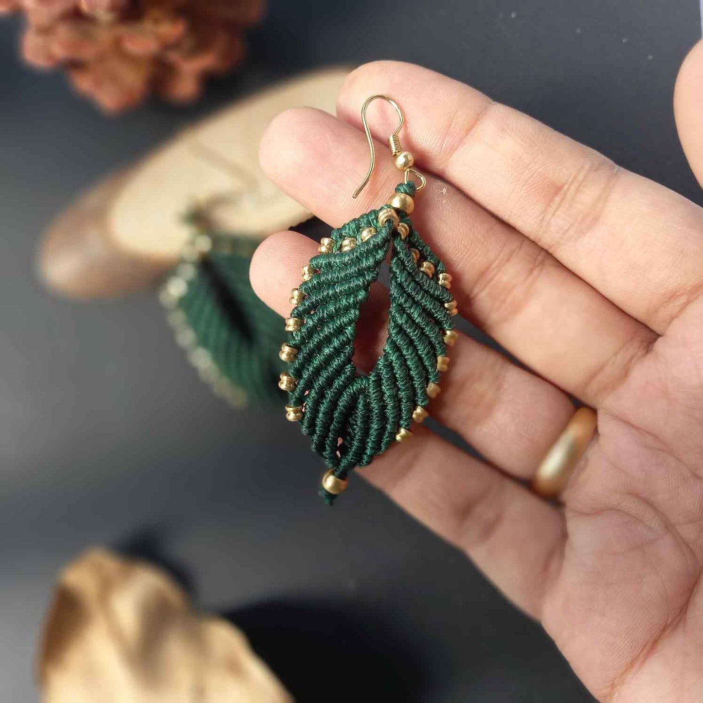 green leaf earrings bead macrame earrings brass bead leaf earrings casual earrings