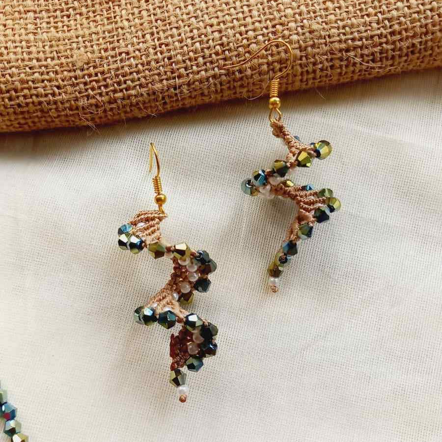 macrame bead earrings in spiral shape with green beads office wear earrings