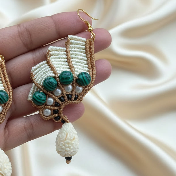green malachite bead macrame earrings