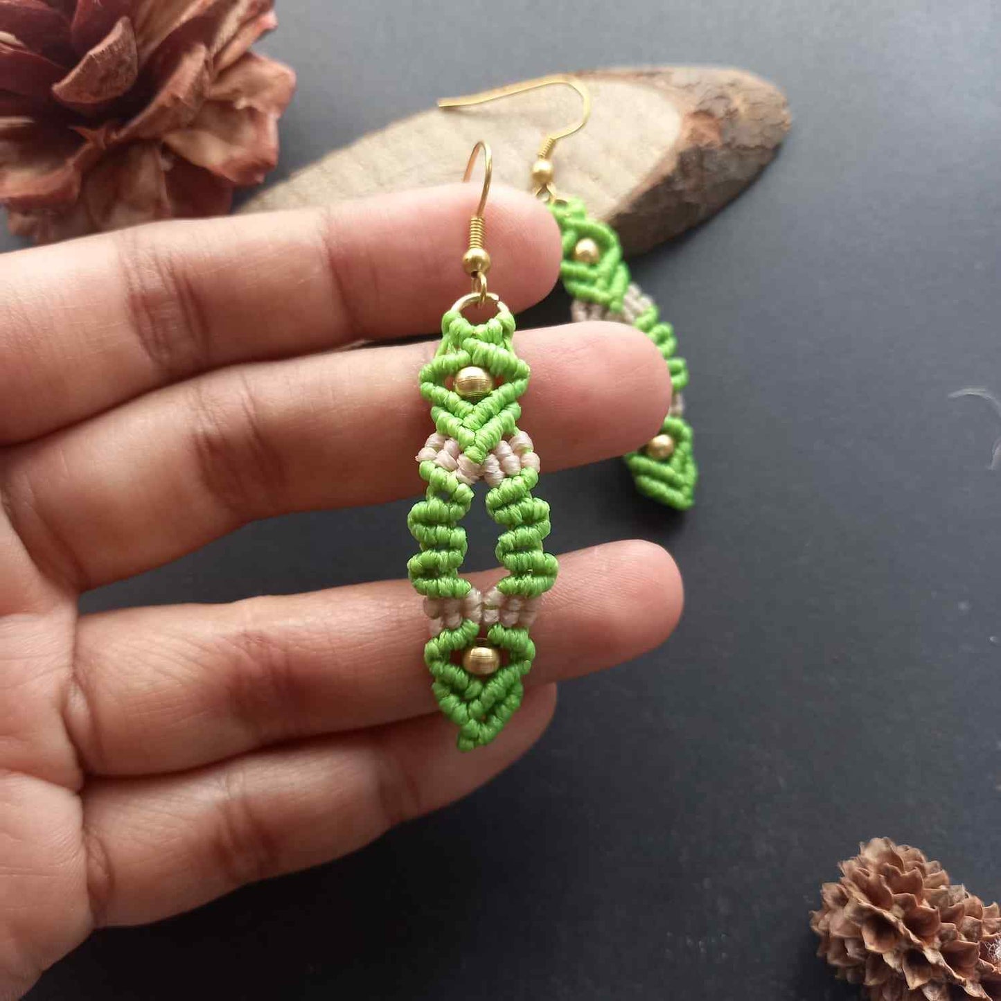 bead earrings macrame earrings zigzag design earrings green earrings