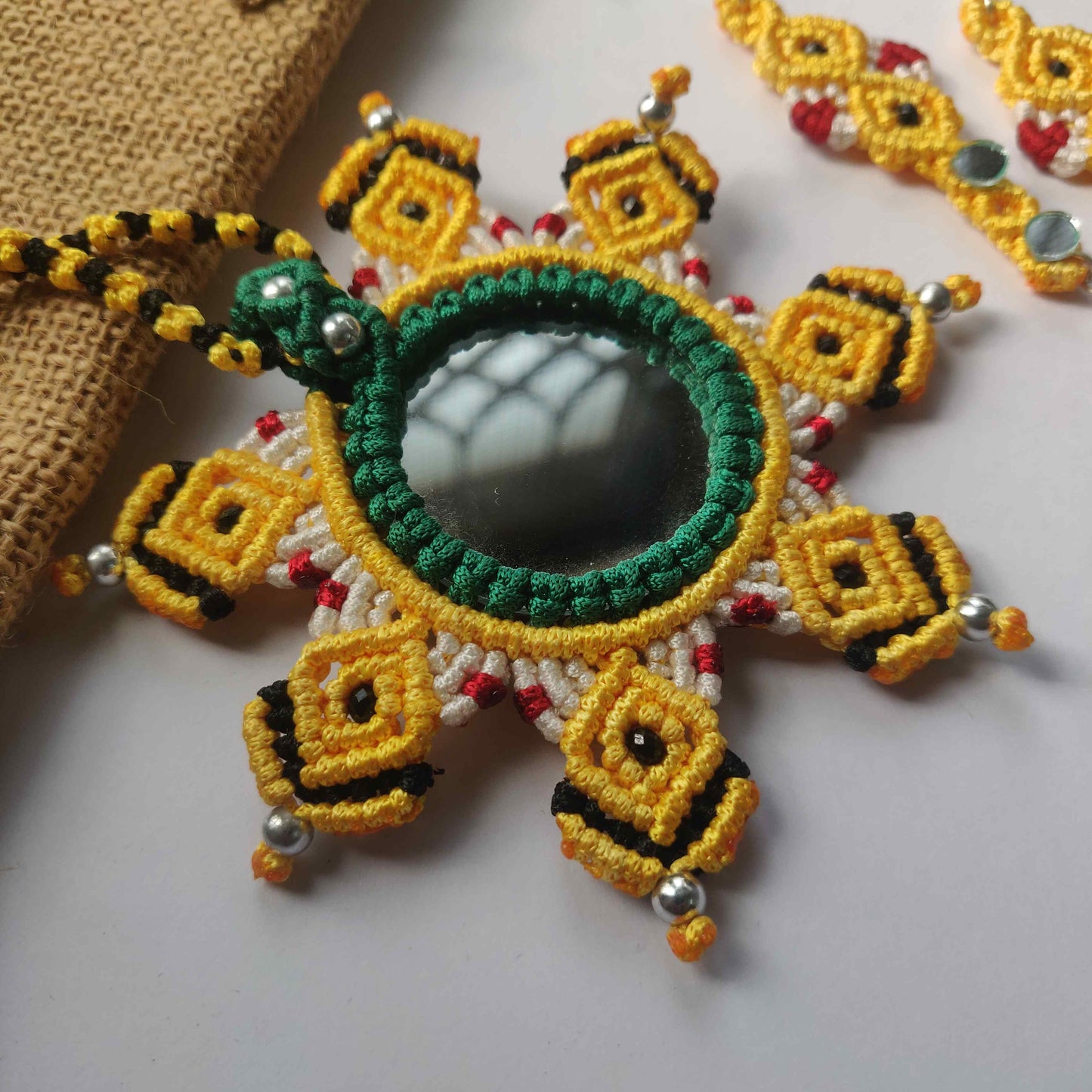 Macrame mirror work mandala necklace and earrings set in yellow and green
