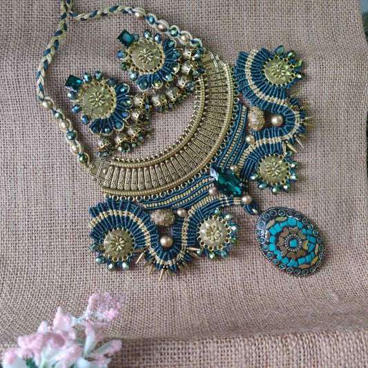 macrame collar style stone necklace and earrings set rama green necklace
