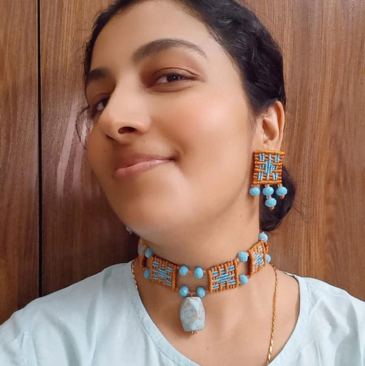 mustard and turquoise cavandoli choker set with turquoise stone pendant and matching stud earrings