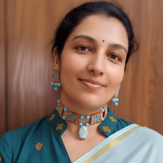 mustard and turquoise cavandoli choker set with turquoise stone pendant and matching stud earrings