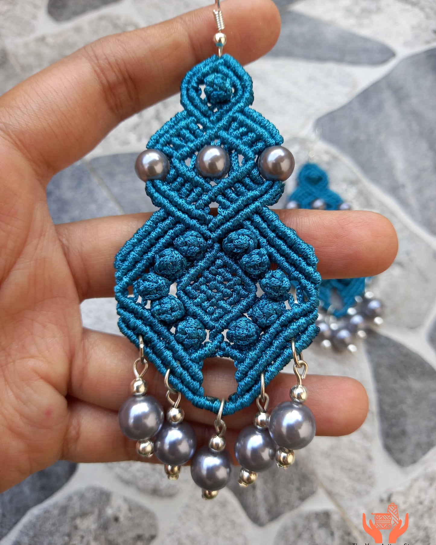 macramé long dangler earrings with blue-black pearls