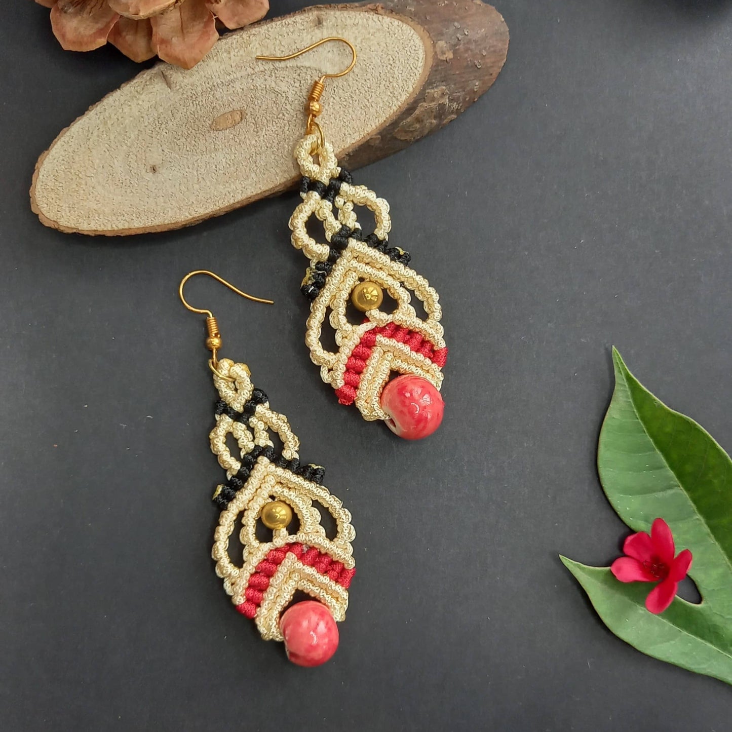 macrame dangler earrings in two colours with ceramic beads
