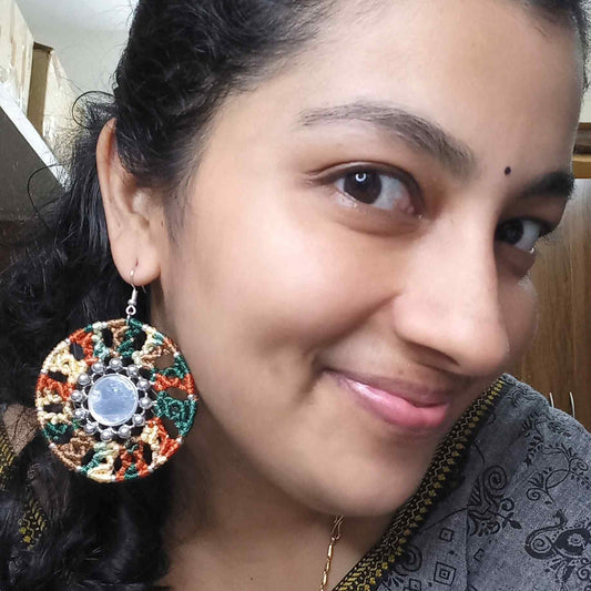 handmade macrame mandala earrings with silver mirror center
