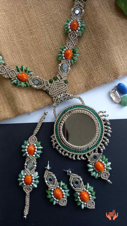 bead necklace earrings bracelet with mirror and macrame work