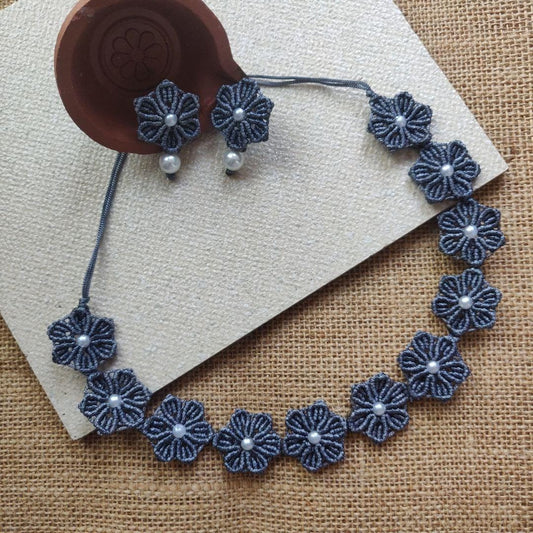 floral necklace daisy earrings flower necklace stud earrings grey necklace set grey earrings pearl earrings pearl necklace