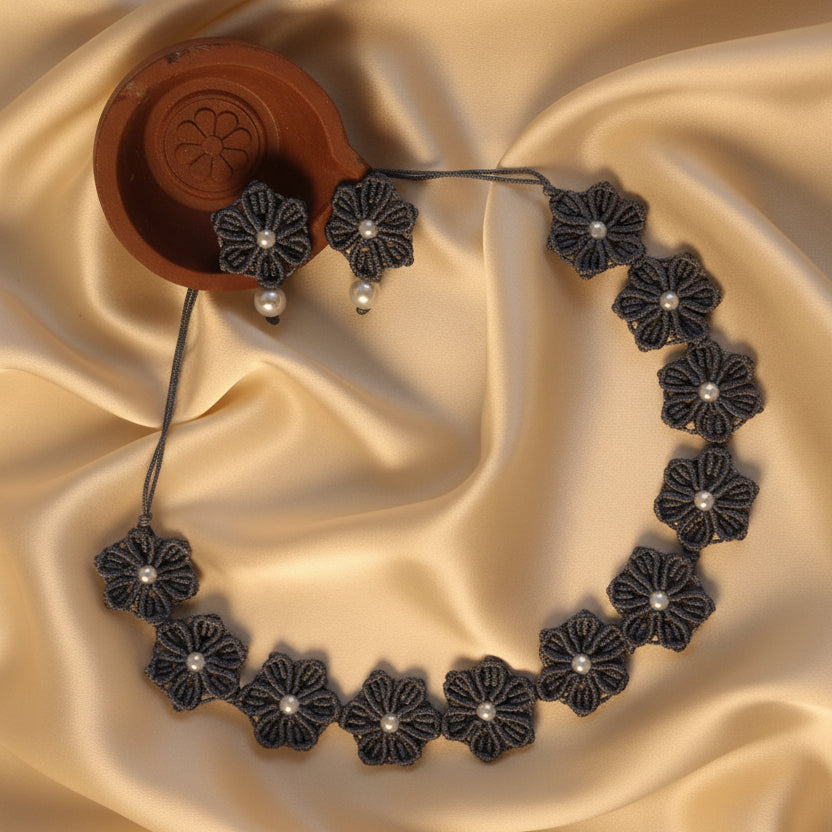 floral necklace daisy earrings flower necklace stud earrings grey necklace set grey earrings pearl earrings pearl necklace