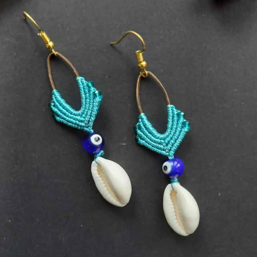 cowrie shell dangler earrings with evil eye bead