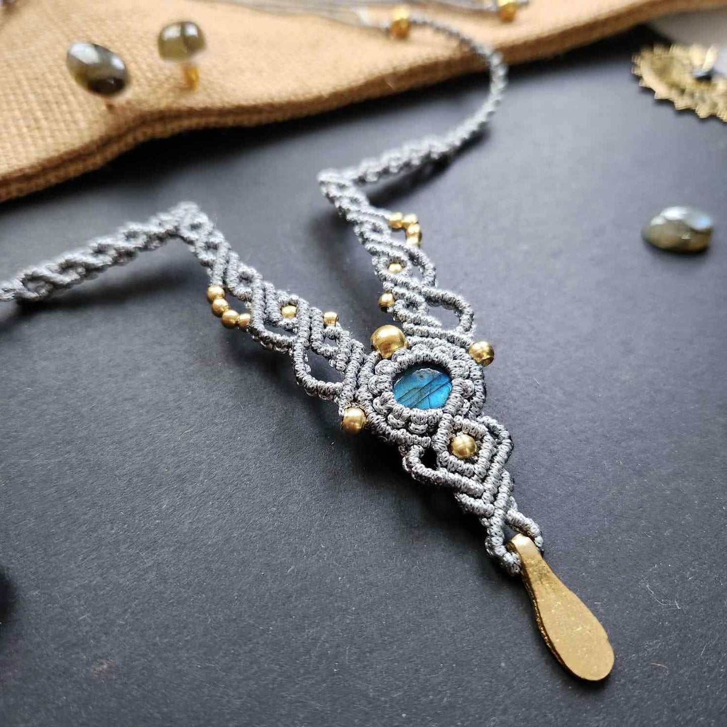 stone necklace small choker necklace macrame necklace labrodorite blue stone stud earring stone earring brass bead necklace