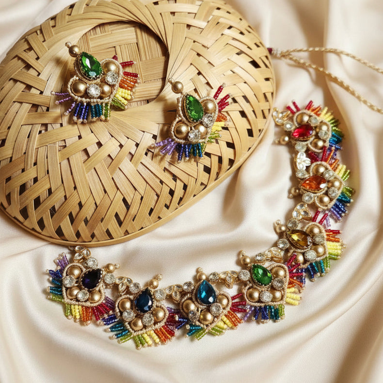 Champa rainbow stone macrame necklace set