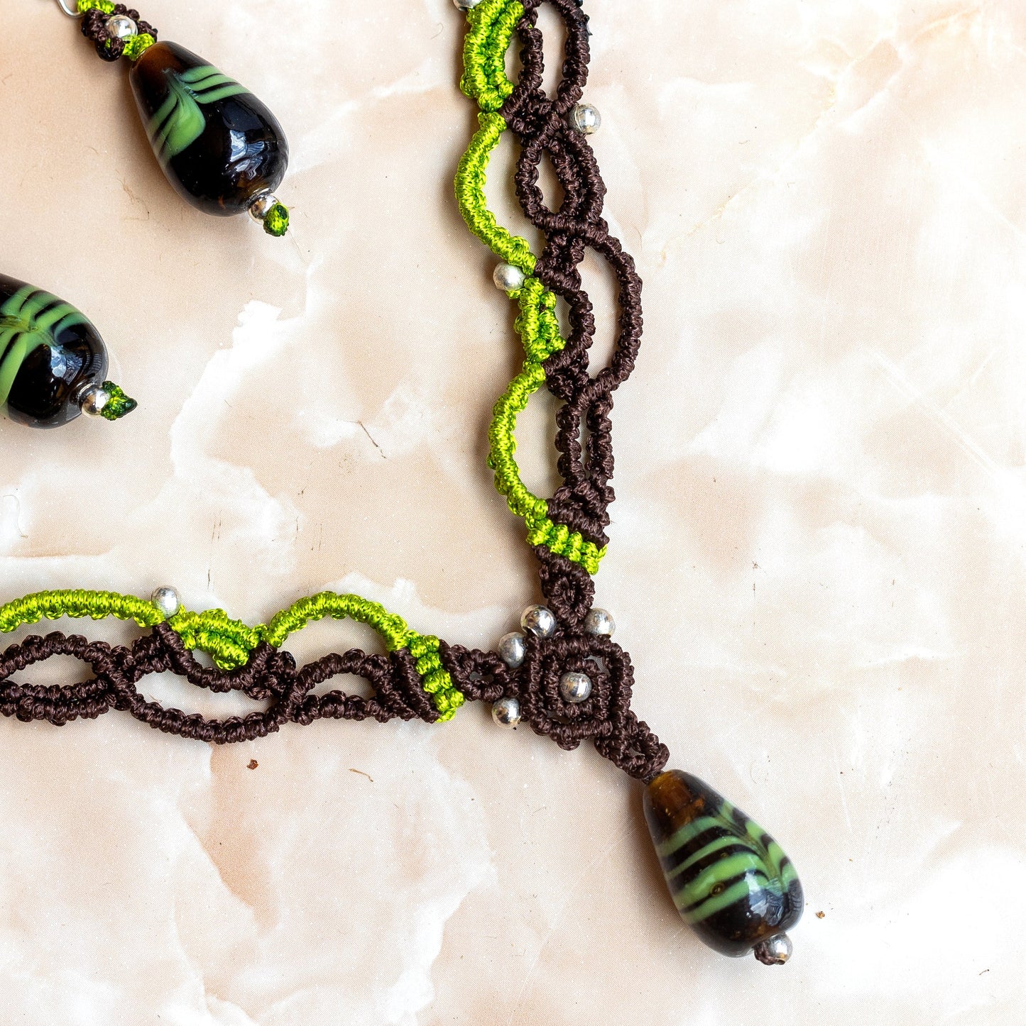 bead macrame necklace earrings set in dark brown and parrot green