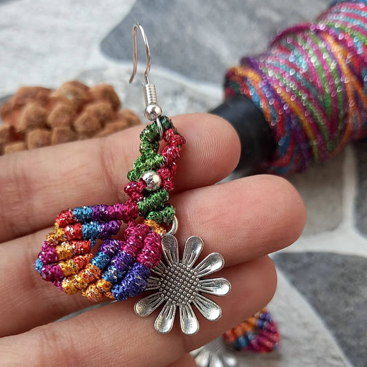 dangler earrings flower earrings leaf earrings macrame earrings multicoloured earrings silver earrings oxidised silver