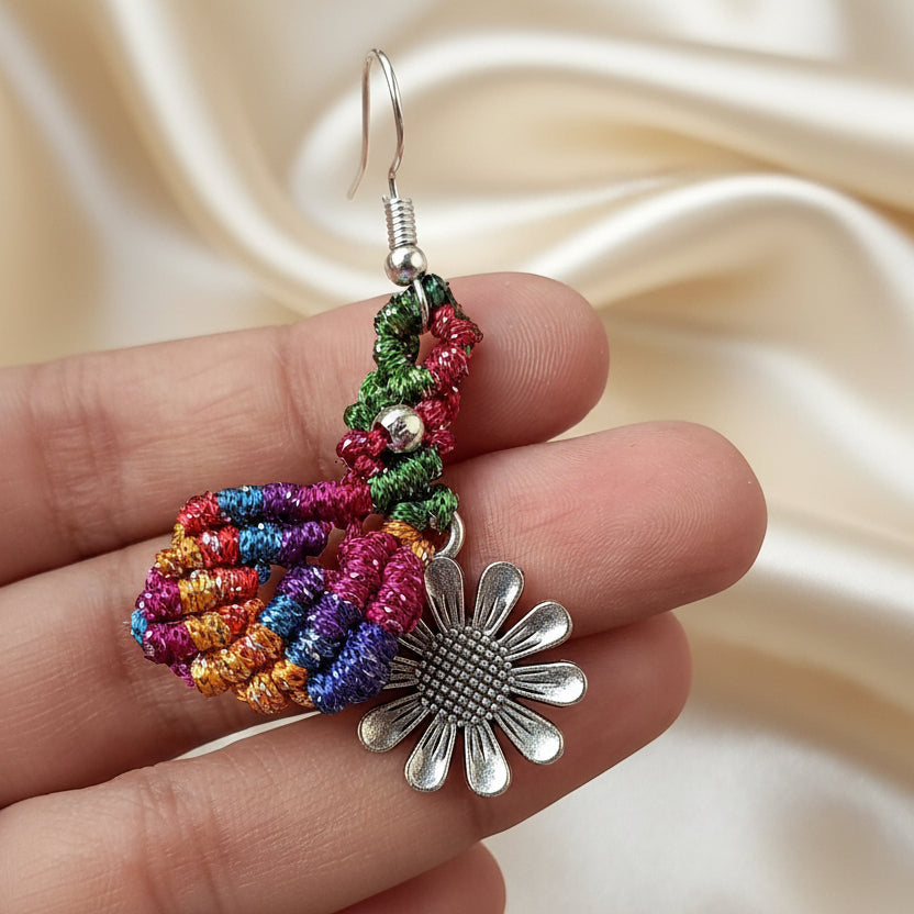 dangler earrings flower earrings leaf earrings macrame earrings multicoloured earrings silver earrings oxidised silver