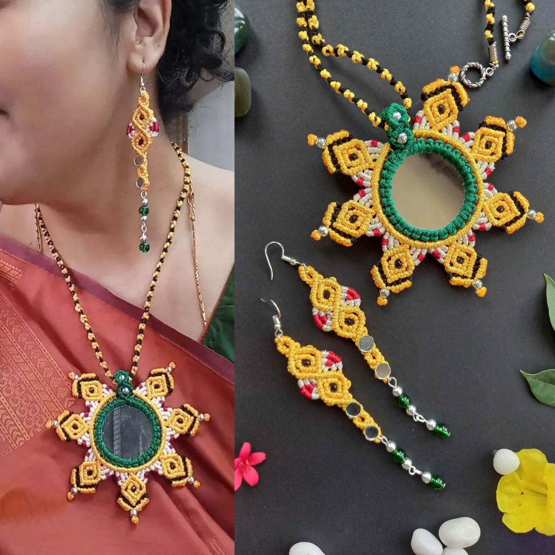 Macrame mirror work mandala necklace and earrings set in yellow and green