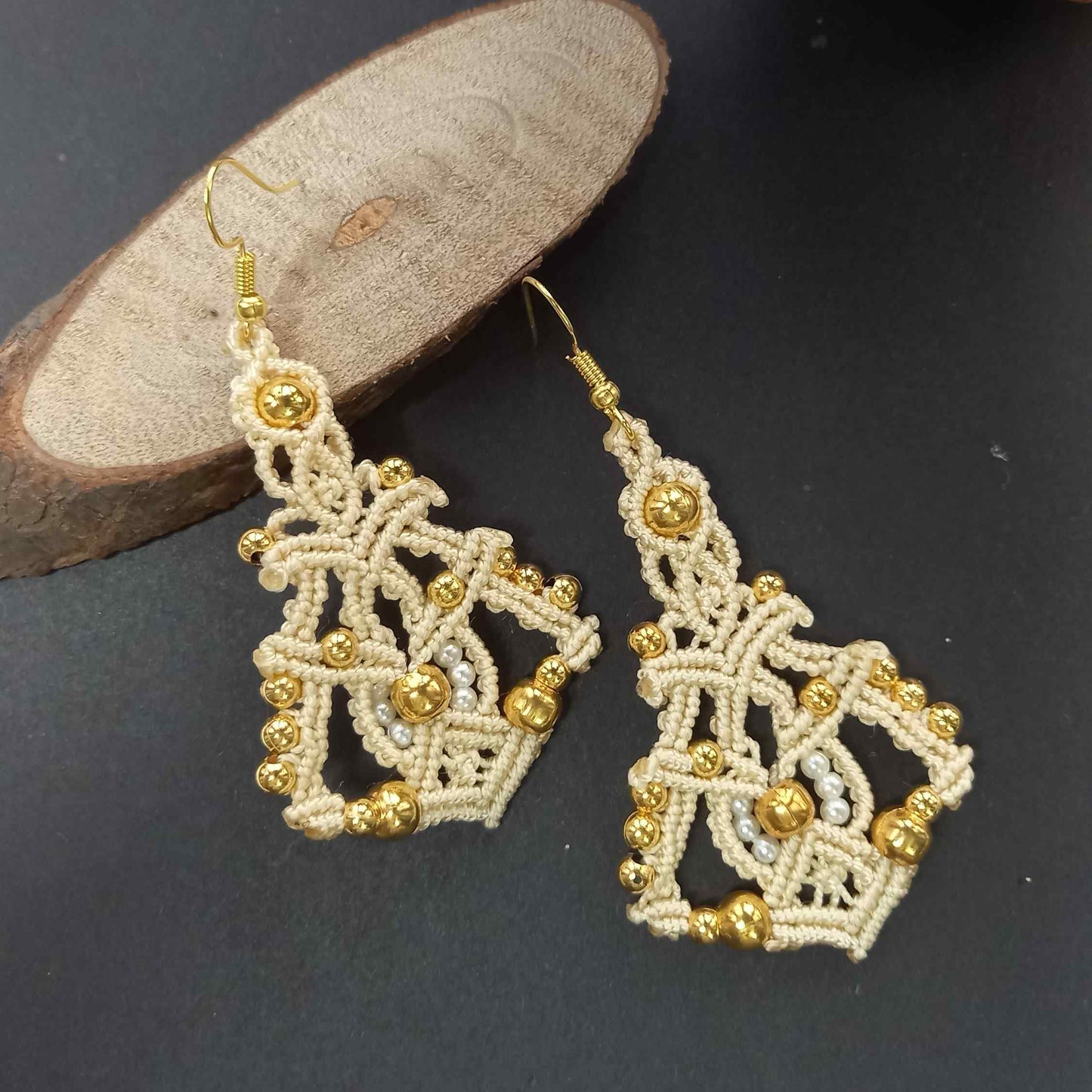 micromacrame bead dangler earrings with gold and pearl beads
