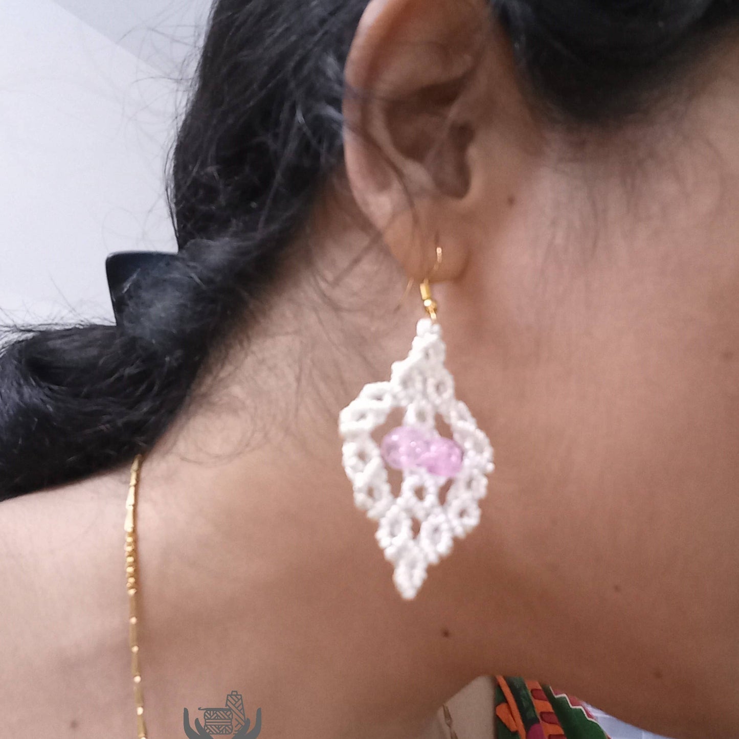 macrame bead earrings and bracelet set in white and pink