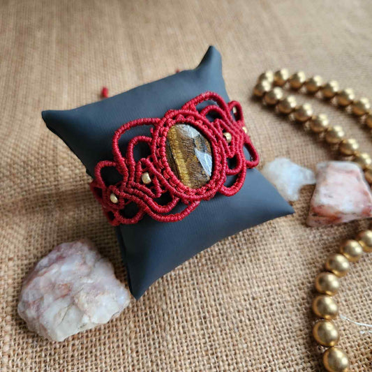 red cuff bracelet macrame stone bracelet tigereye bracelet brass bead bracelet brass earrings red earrings dangler