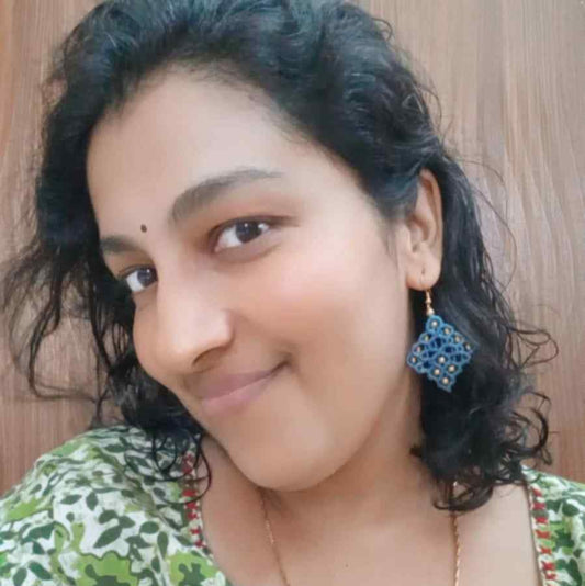 blue diamond shaped bead macrame dangler earrings