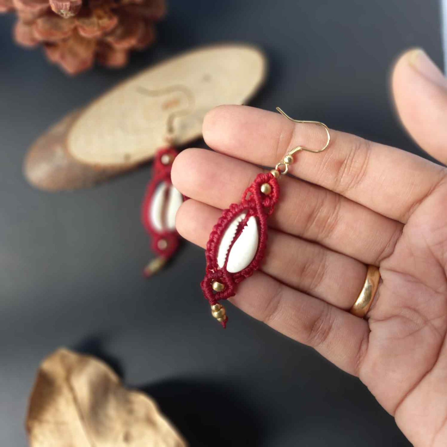 red cowrie earrings bead macrame earrings cowrie macrame bead earrings casual earrings brass bead earrings beach wear earring