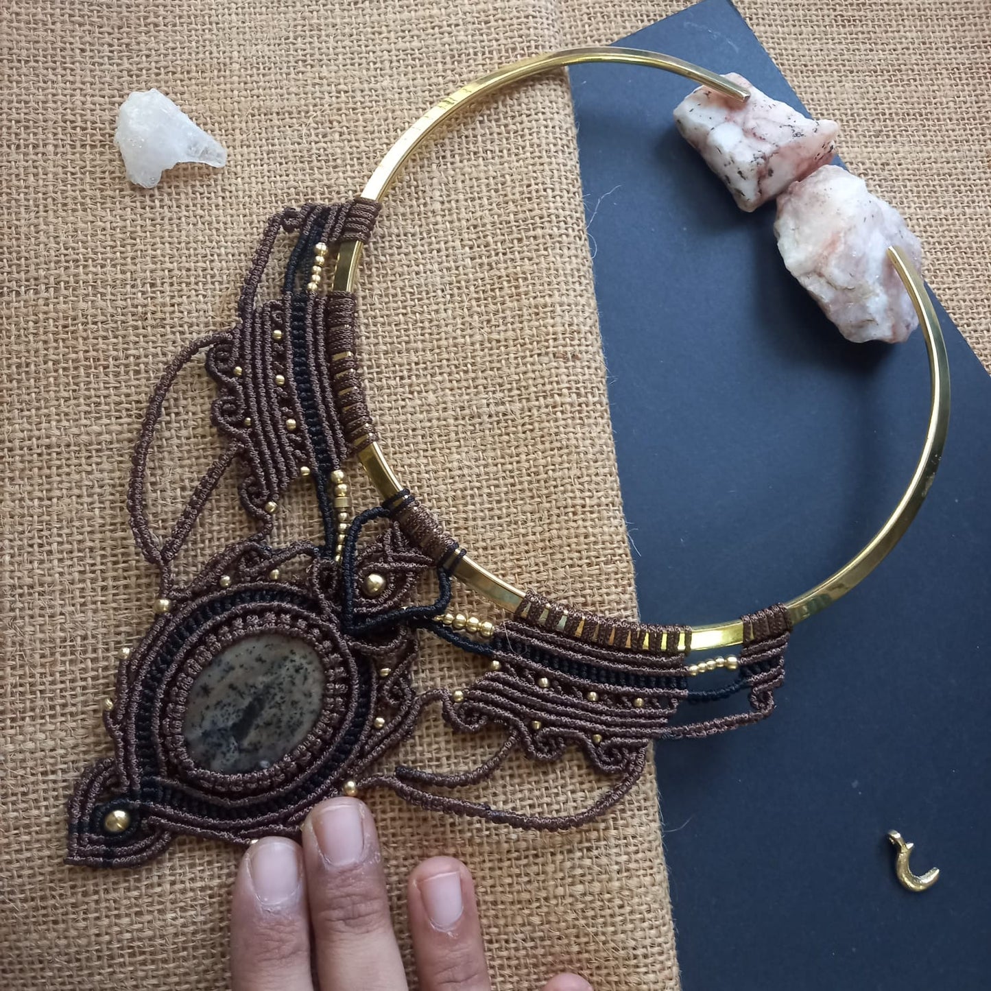 macrame brass choker necklace with jasper stone and brass beads in brown and black yarn