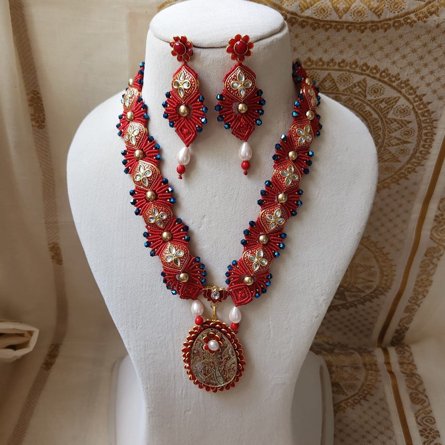 wedding jewellery red necklace karwa chauth wedding bridal necklace set pearl earrings stud danglers party wear jewels