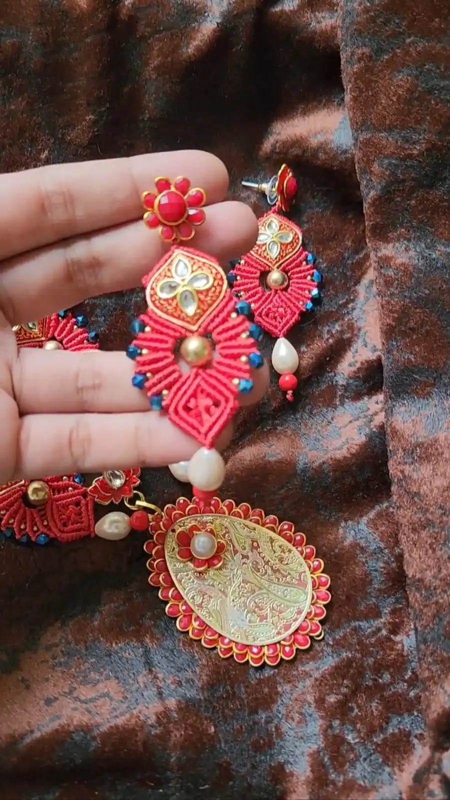 wedding jewellery red necklace karwa chauth wedding bridal necklace set pearl earrings stud danglers party wear jewels