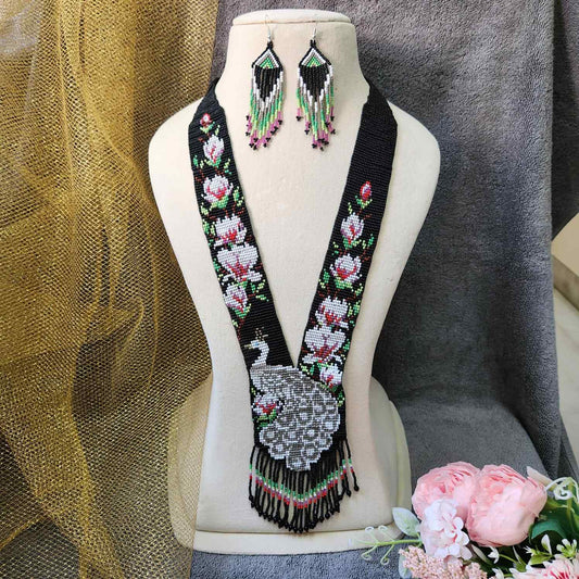peacock necklace white pink floral flower necklace set black necklace party wear necklace casual outing occasion wear jewel