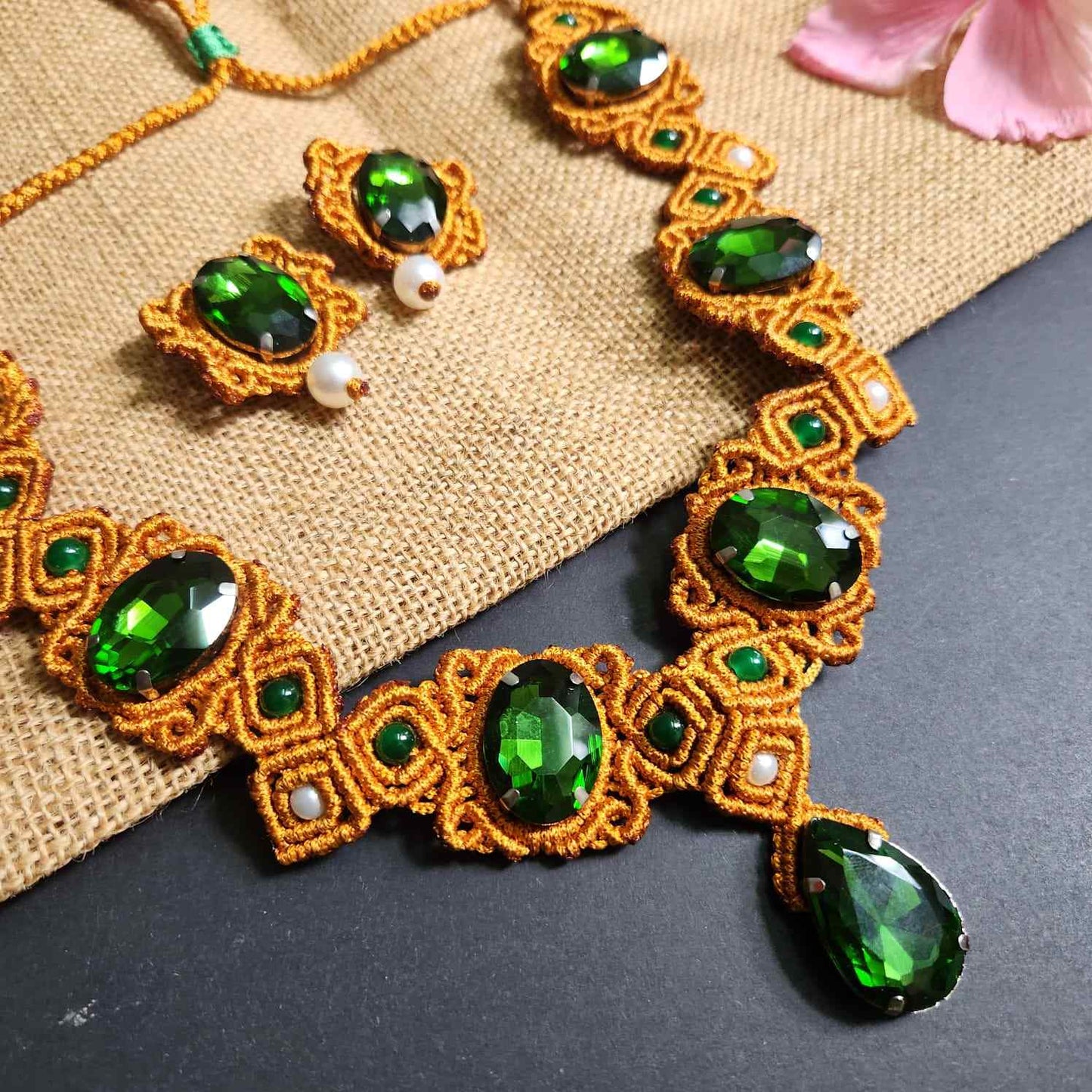 green stone gold macrame necklace victorian necklace party wear wedding jewellery statement engagement