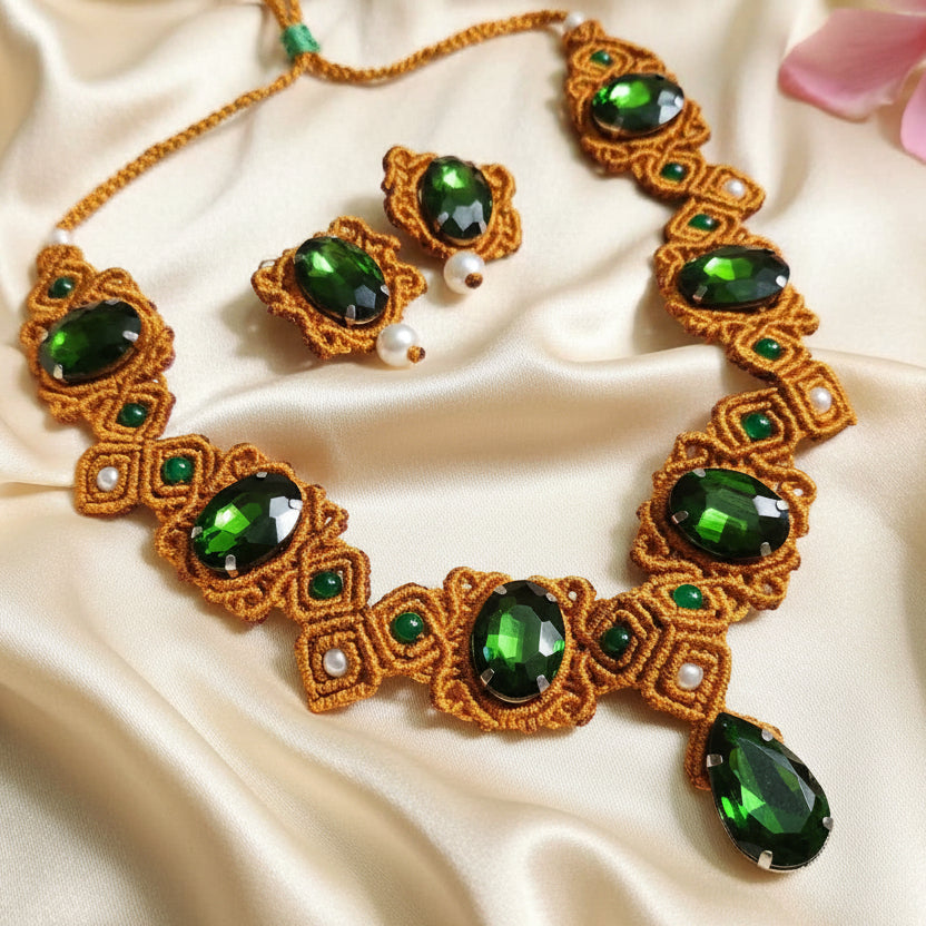 green stone gold macrame necklace victorian necklace party wear wedding jewellery statement engagement