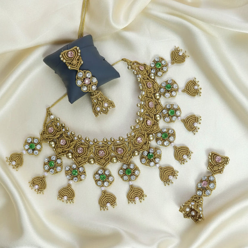 bridal necklace set wedding jewellery handmade necklace macrame floral necklace pink stone green stone white stone necklace