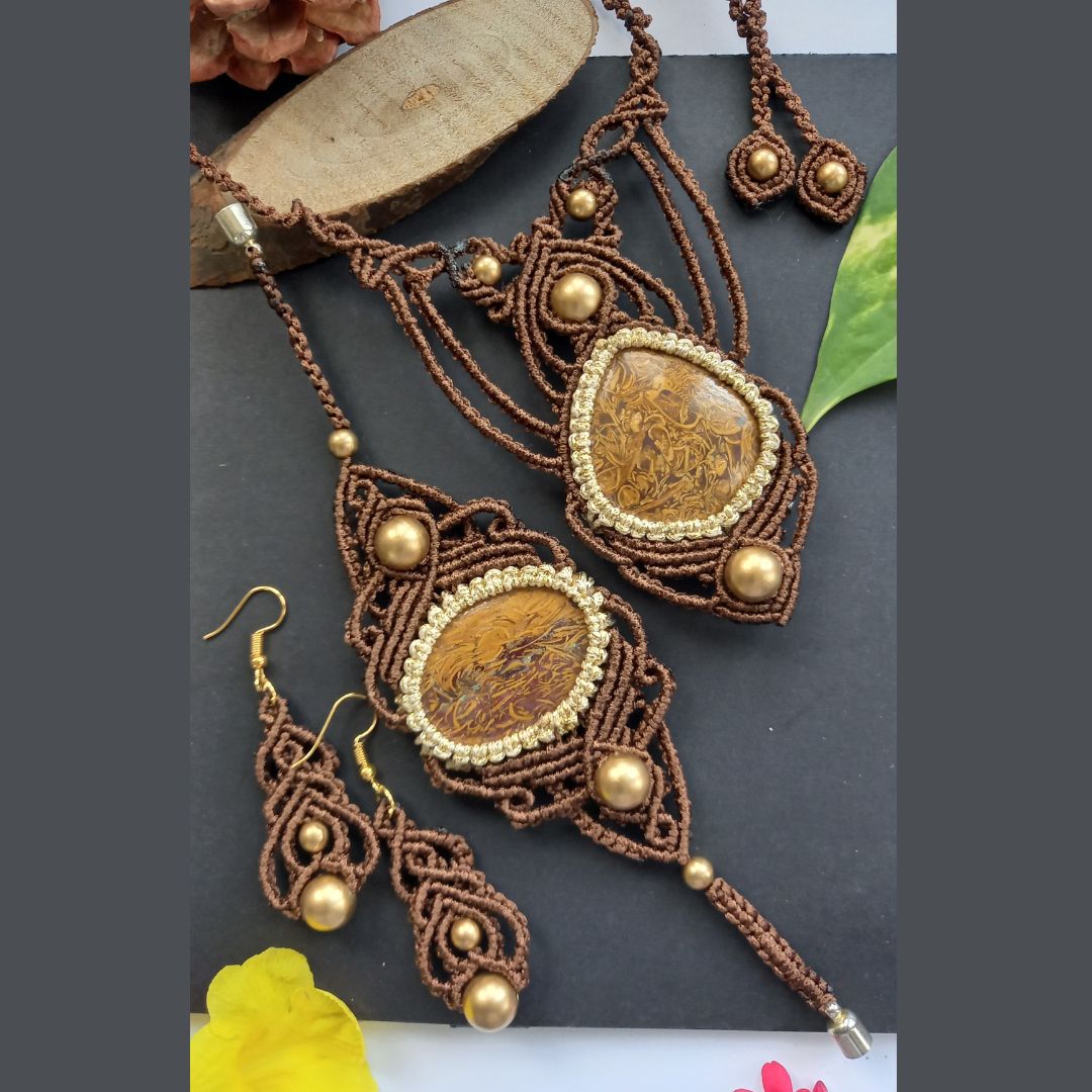 macrame necklace earrings bracelet set stone necklace set stone bracelet dangler earrings brown necklace set neutral colour