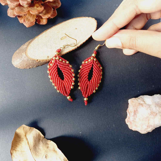 red leaf earrings bead macrame earrings brass bead leaf earrings casual earrings
